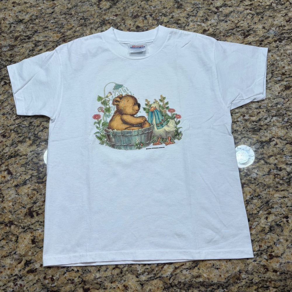 Vintage Hanes Teddy Bear Bath Duck Graphic T-Shirt White Youth M v